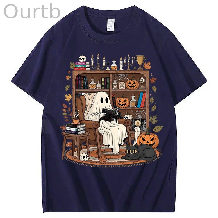 Retro Cozy Ghost Reading Halloween 100% Cotton T-Shirt