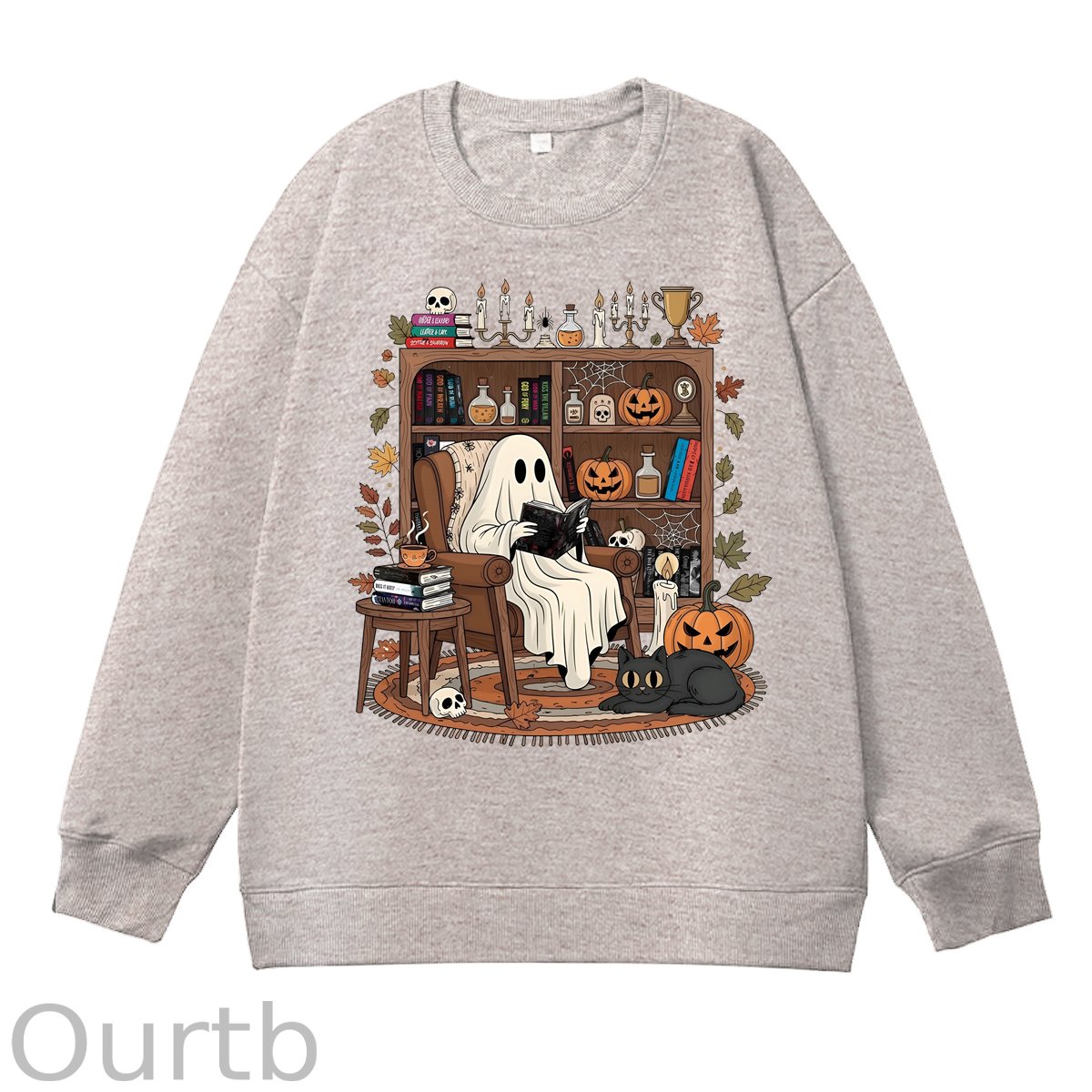 Retro Cozy Ghost Reading Halloween 100% Cotton Fall and Winter Sweatshirt