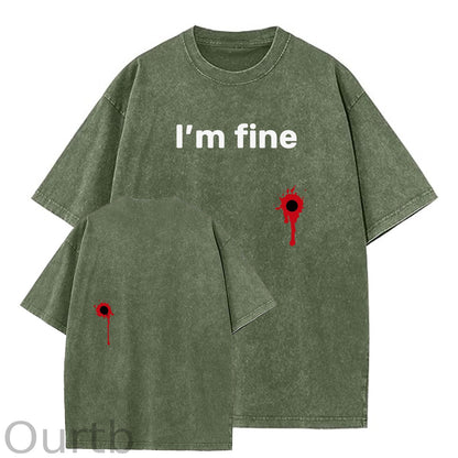 I'm Fine Pattern Washing And Aging Process Crew Neck T-Shirt