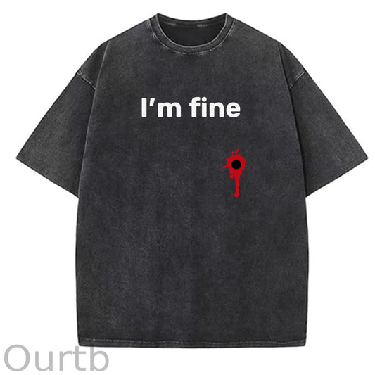 I'm Fine Pattern Washing And Aging Process Crew Neck T-Shirt
