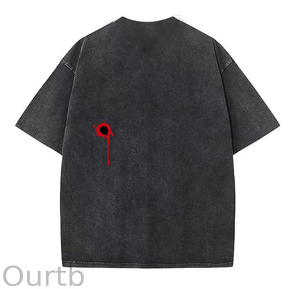 I'm Fine Pattern Washing And Aging Process Crew Neck T-Shirt