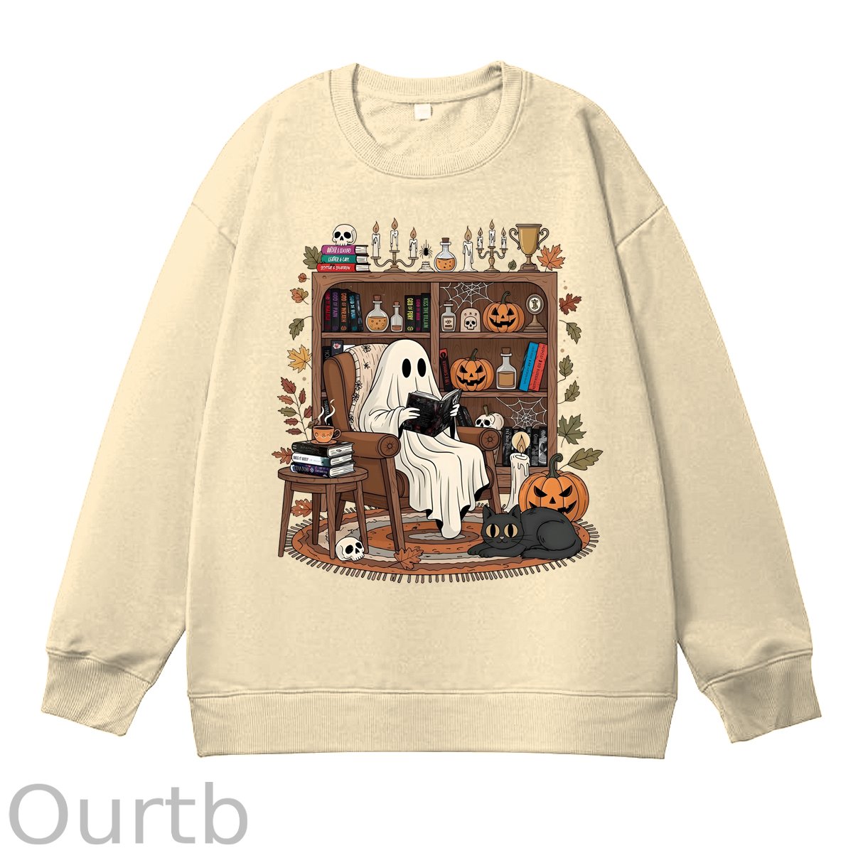 Retro Cozy Ghost Reading Halloween 100% Cotton Fall and Winter Sweatshirt