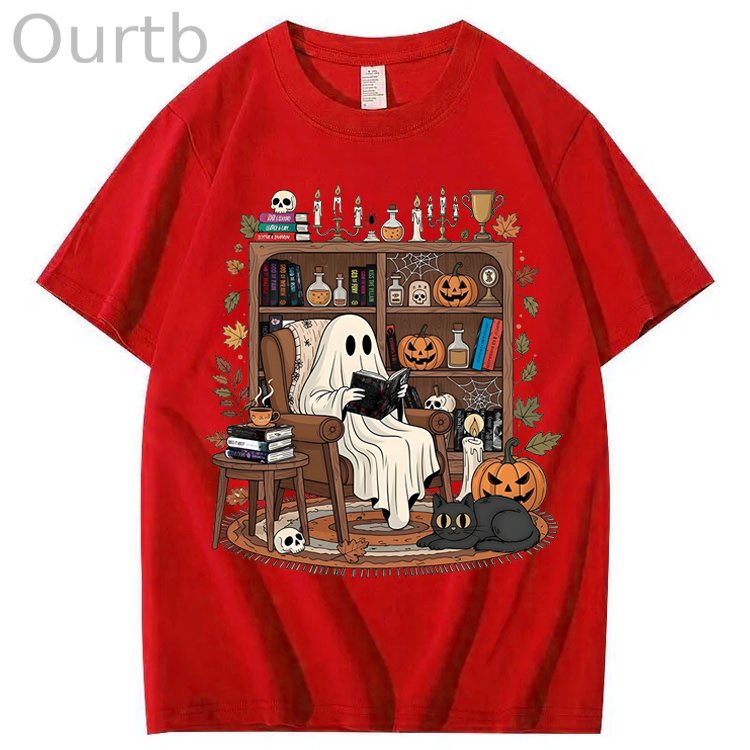 Retro Cozy Ghost Reading Halloween 100% Cotton T-Shirt