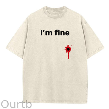 I'm Fine Pattern Washing And Aging Process Crew Neck T-Shirt