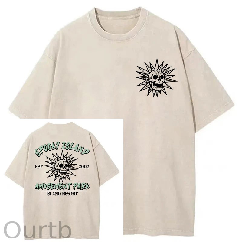 Spooky Island Cartoon Halloween Washed Cotton T-Shirt