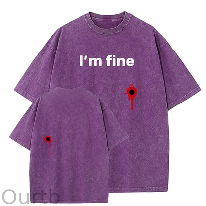 I'm Fine Pattern Washing And Aging Process Crew Neck T-Shirt