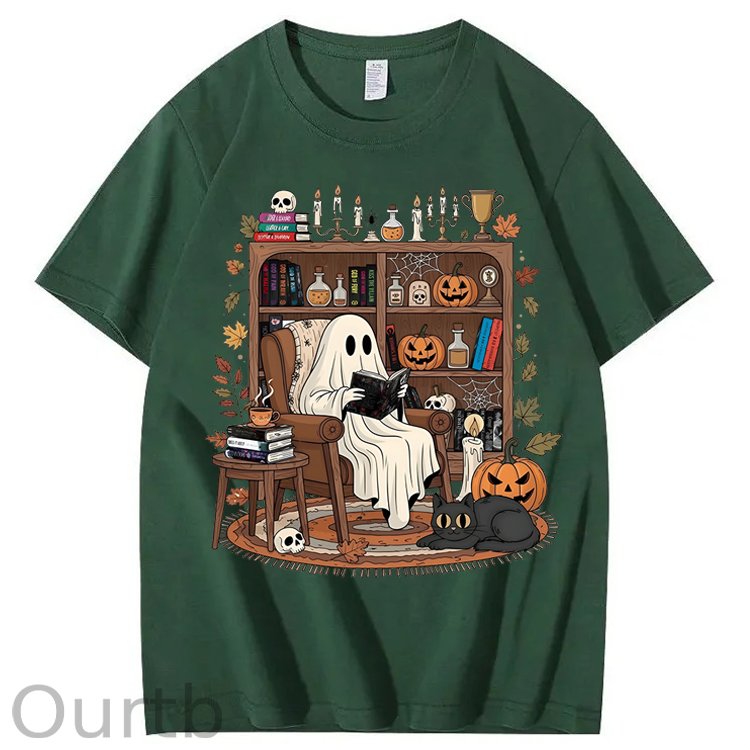Retro Cozy Ghost Reading Halloween 100% Cotton T-Shirt