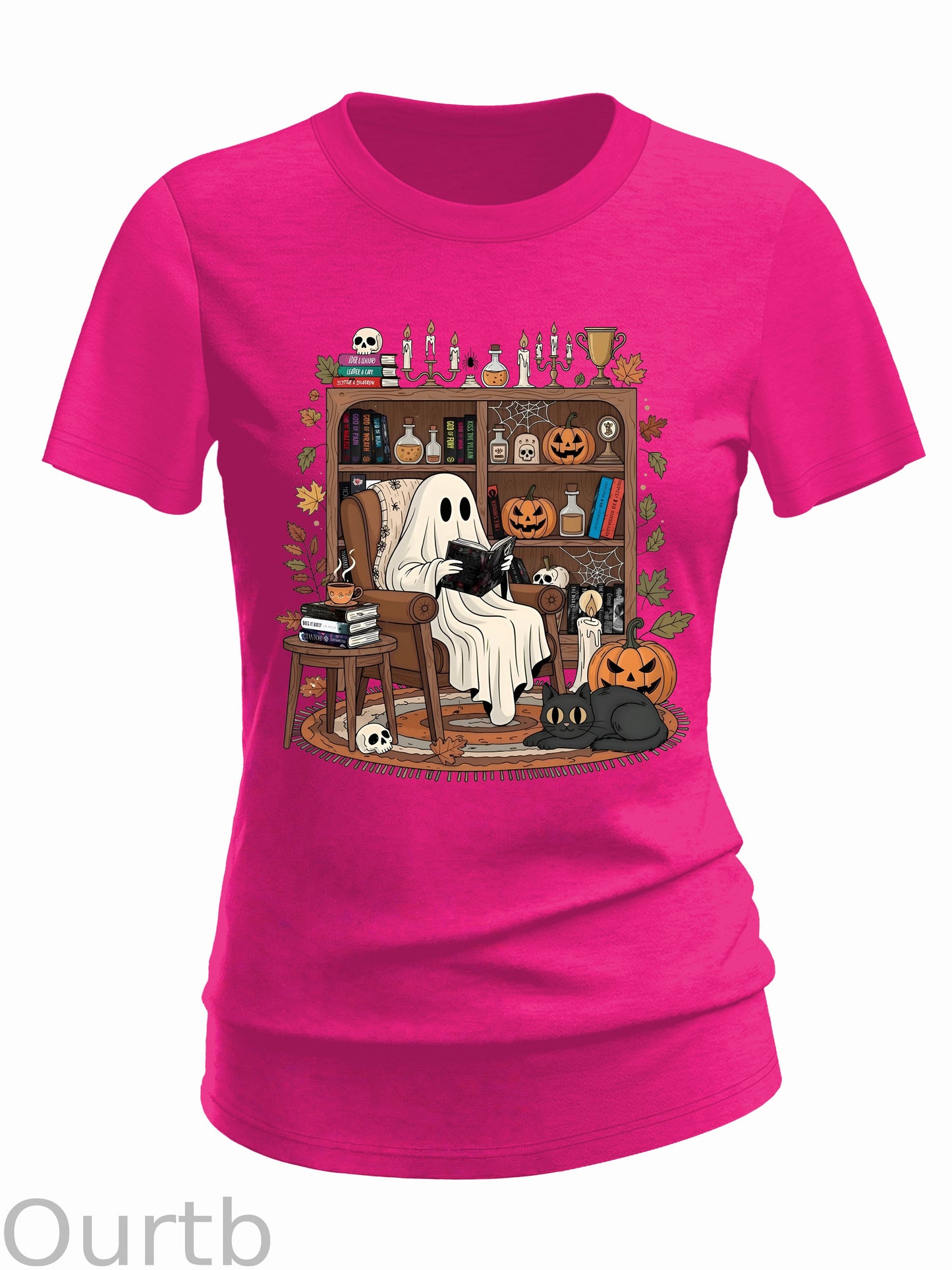 Women's Retro Cozy Ghost Reading Halloween 100% Cotton T-Shirt