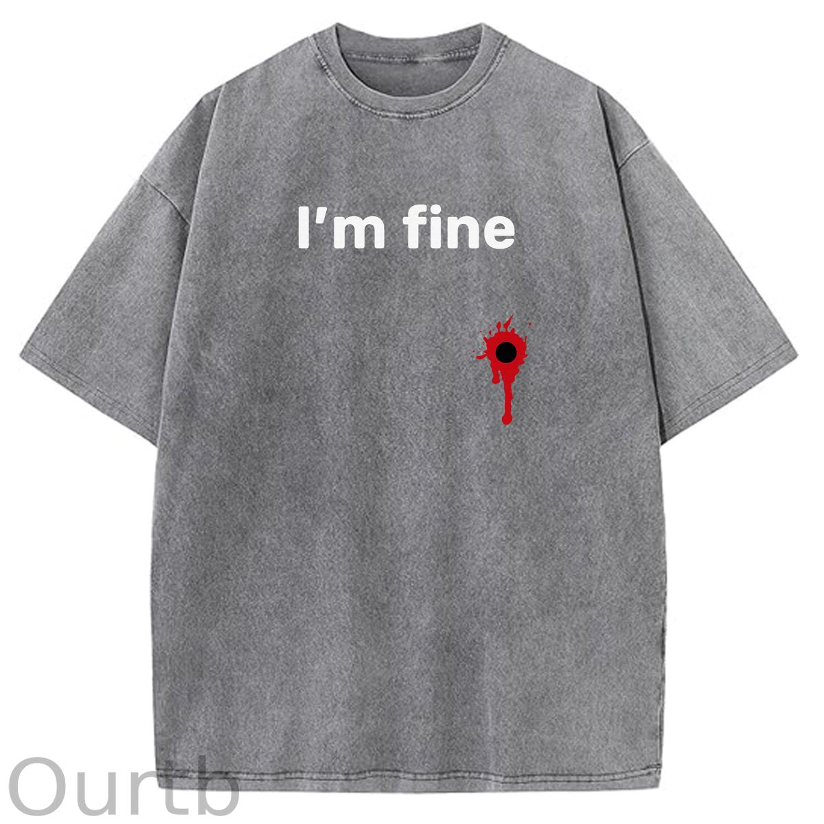 I'm Fine Pattern Washing And Aging Process Crew Neck T-Shirt