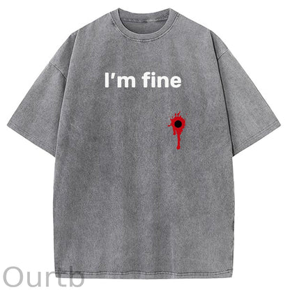 I'm Fine Pattern Washing And Aging Process Crew Neck T-Shirt