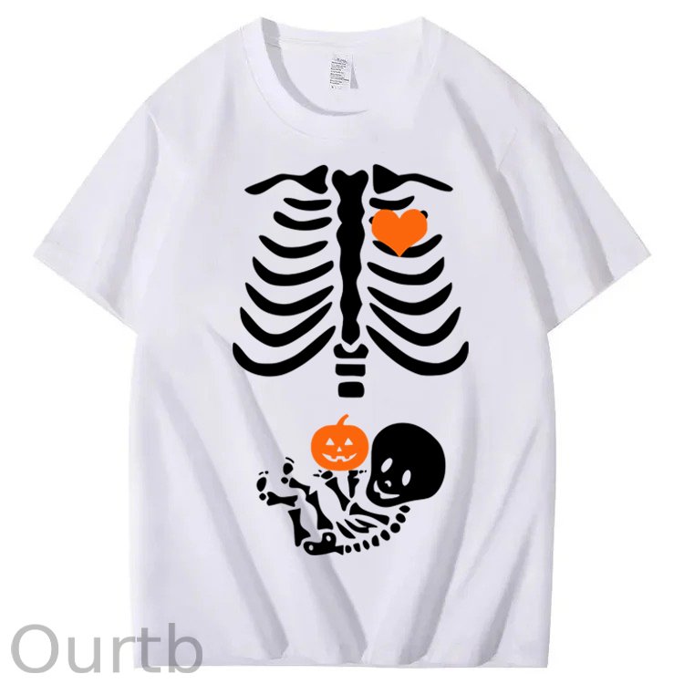 Skeleton Halloween Maternity Pregnancy Announcement Fall Mom 100% Cotton T-Shirt