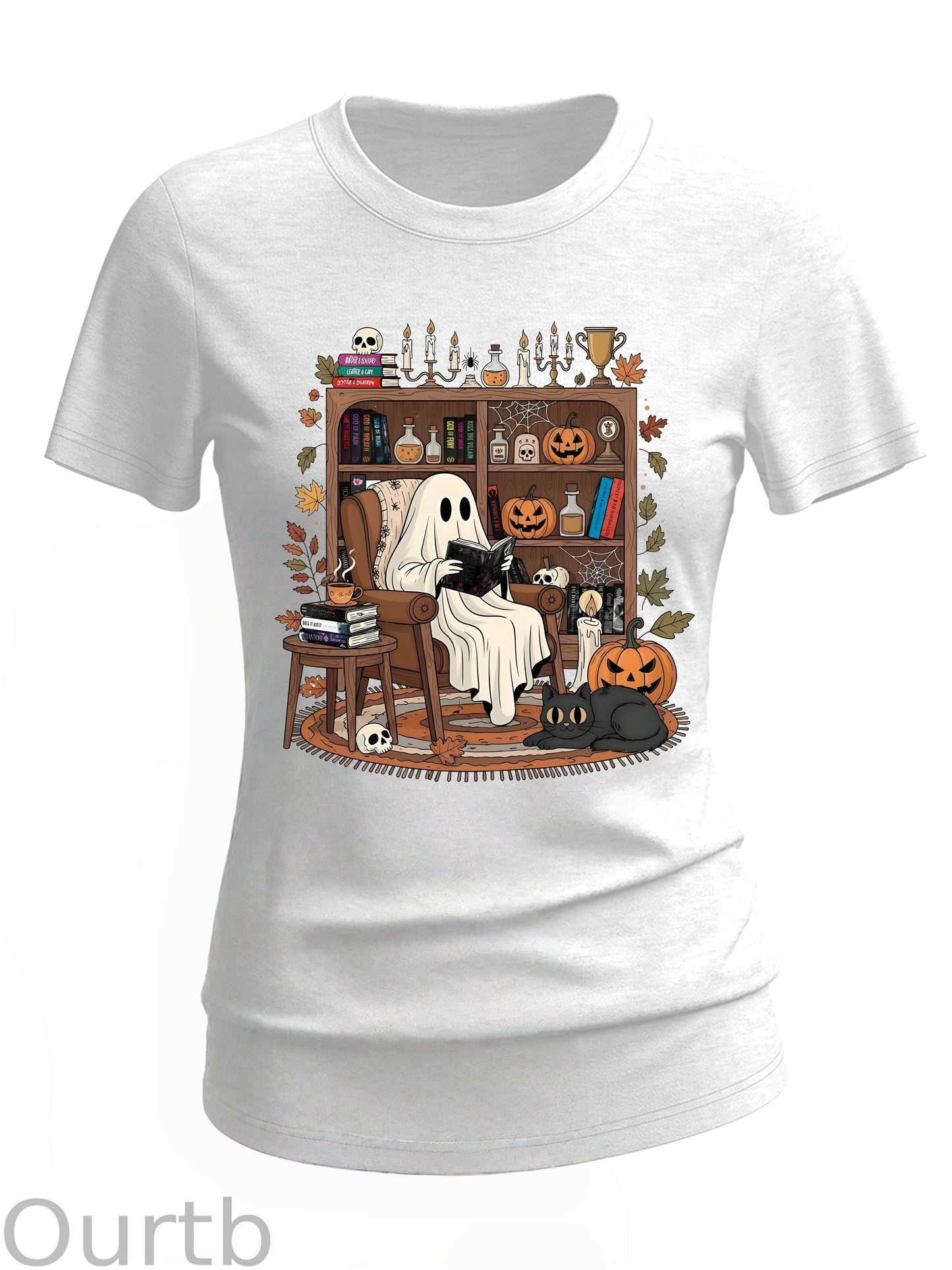 Women's Retro Cozy Ghost Reading Halloween 100% Cotton T-Shirt