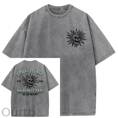Spooky Island Cartoon Halloween Washed Cotton T-Shirt
