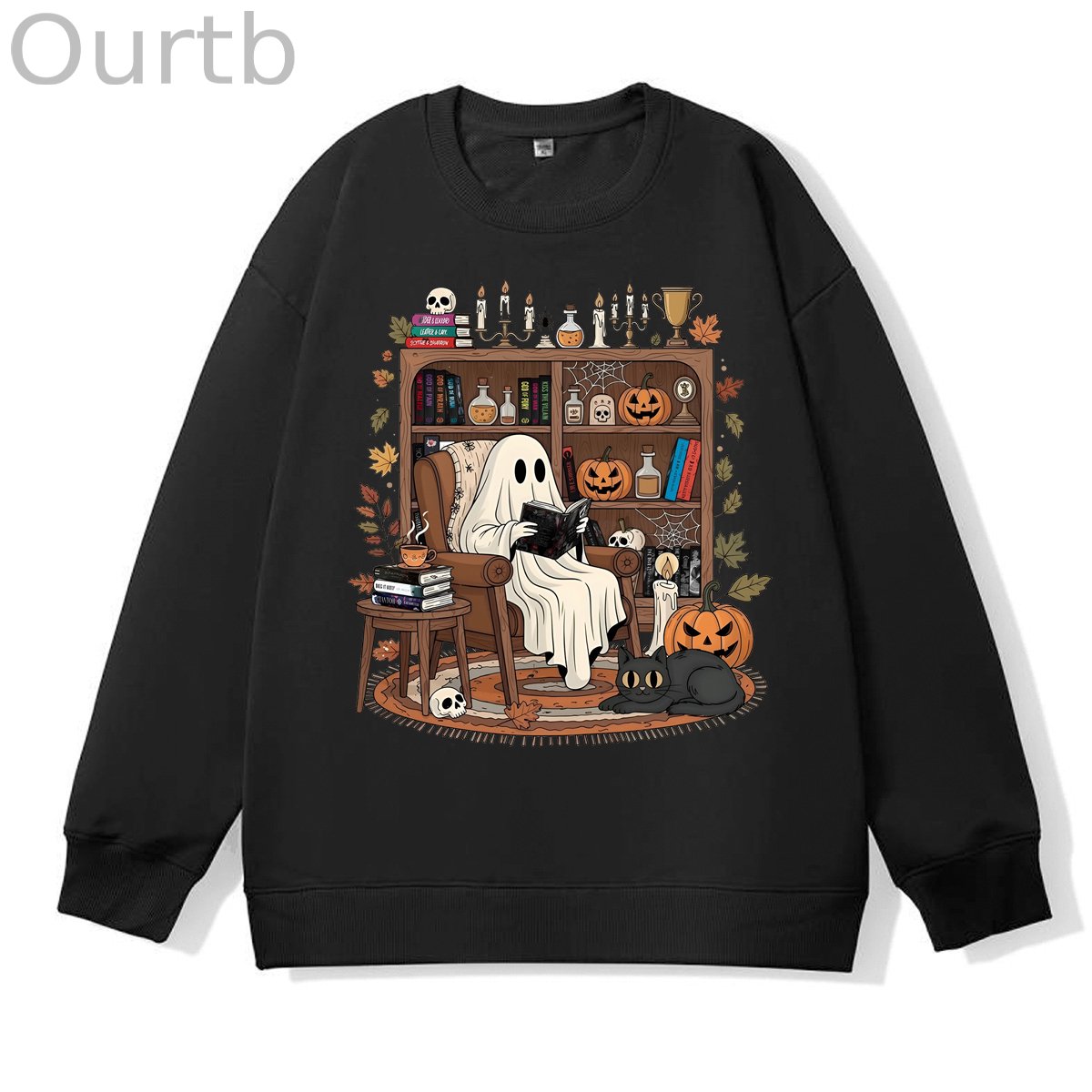 Retro Cozy Ghost Reading Halloween 100% Cotton Fall and Winter Sweatshirt
