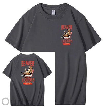 Beaver Pattern Print Crew Neck T-Shirt