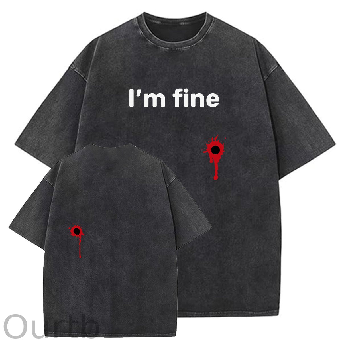 I'm Fine Pattern Washing And Aging Process Crew Neck T-Shirt