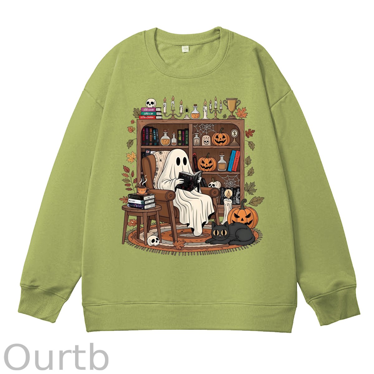 Retro Cozy Ghost Reading Halloween 100% Cotton Fall and Winter Sweatshirt