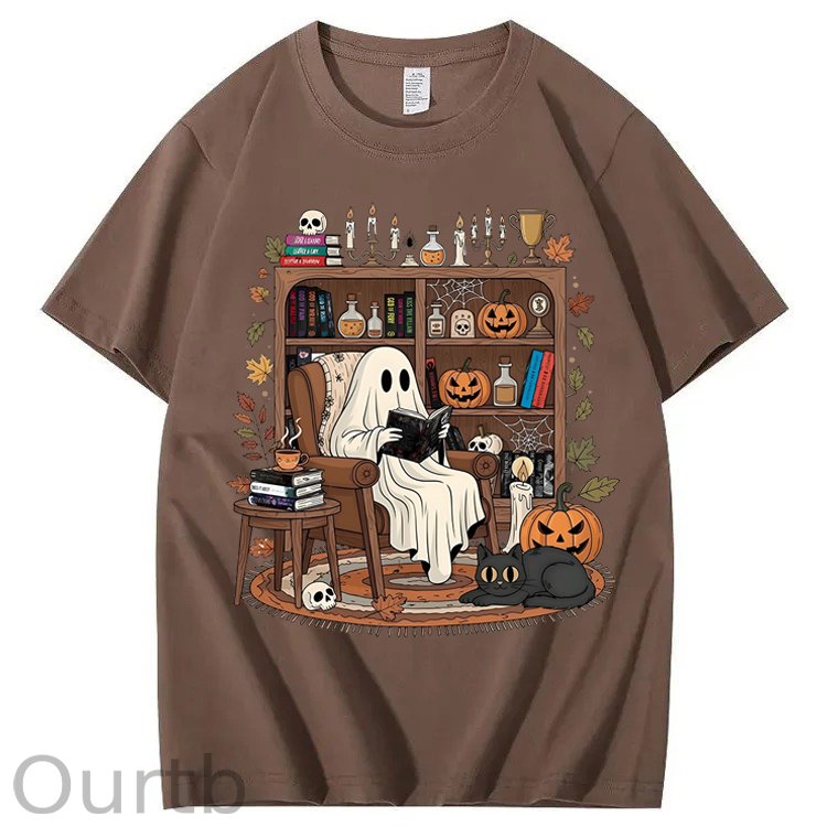 Retro Cozy Ghost Reading Halloween 100% Cotton T-Shirt