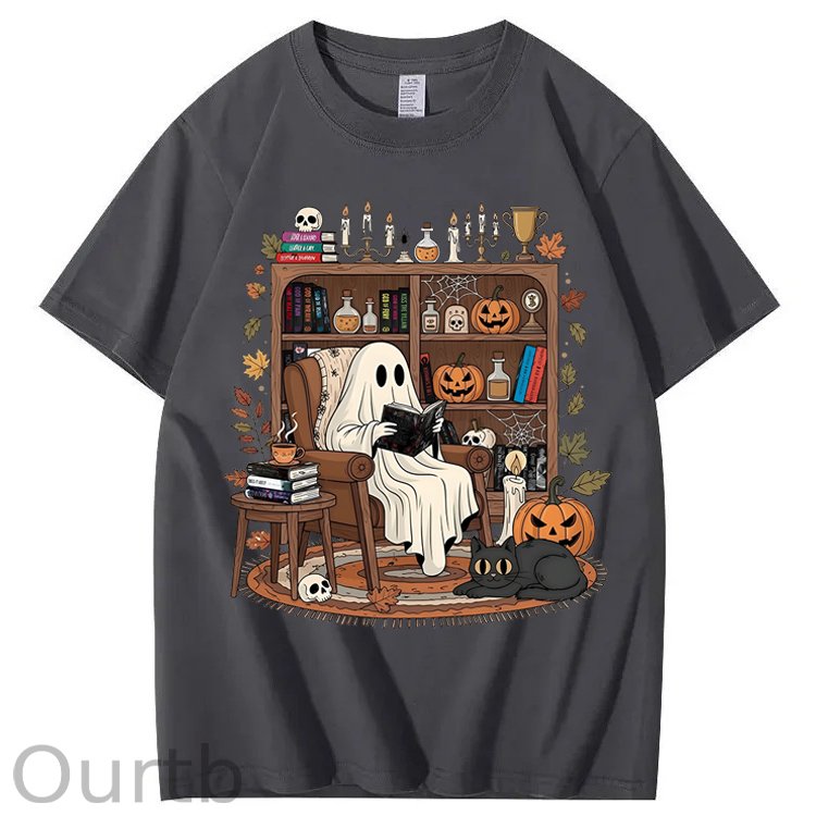 Retro Cozy Ghost Reading Halloween 100% Cotton T-Shirt