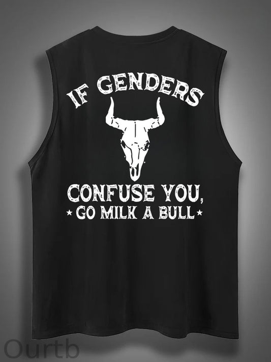 If Genders Confuse You Go Milk A Bull Print Cotton Sleeveless Tank Tops