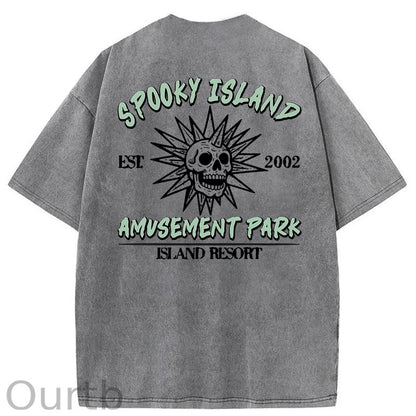 Spooky Island Cartoon Halloween Washed Cotton T-Shirt