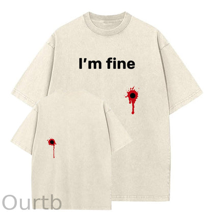 I'm Fine Pattern Washing And Aging Process Crew Neck T-Shirt