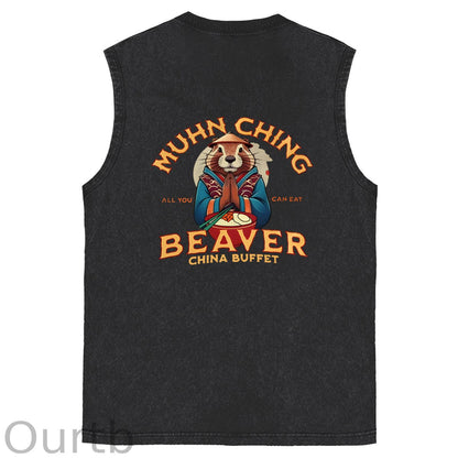 Muhn Ching All You Can Eat Beaver China Buffet Art Print Cotton Sleeveless Tank Tops