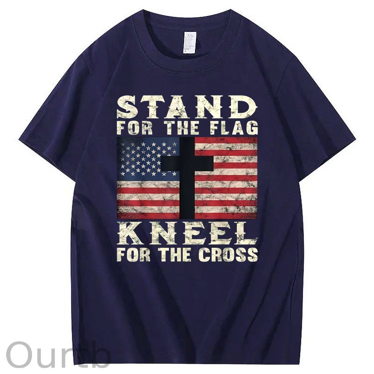 Stand For The Flag Kneel For The Cross Pattern Print 100%Cotton T-Shirt
