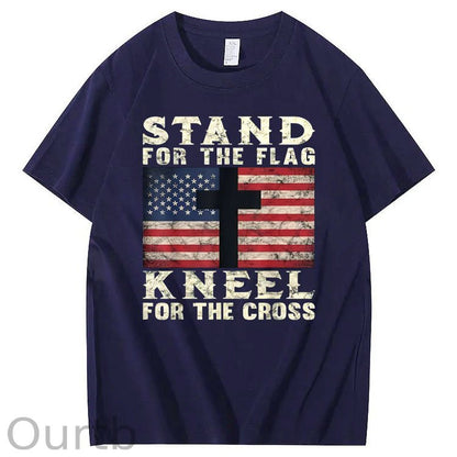 Stand For The Flag Kneel For The Cross Pattern Print 100%Cotton T-Shirt