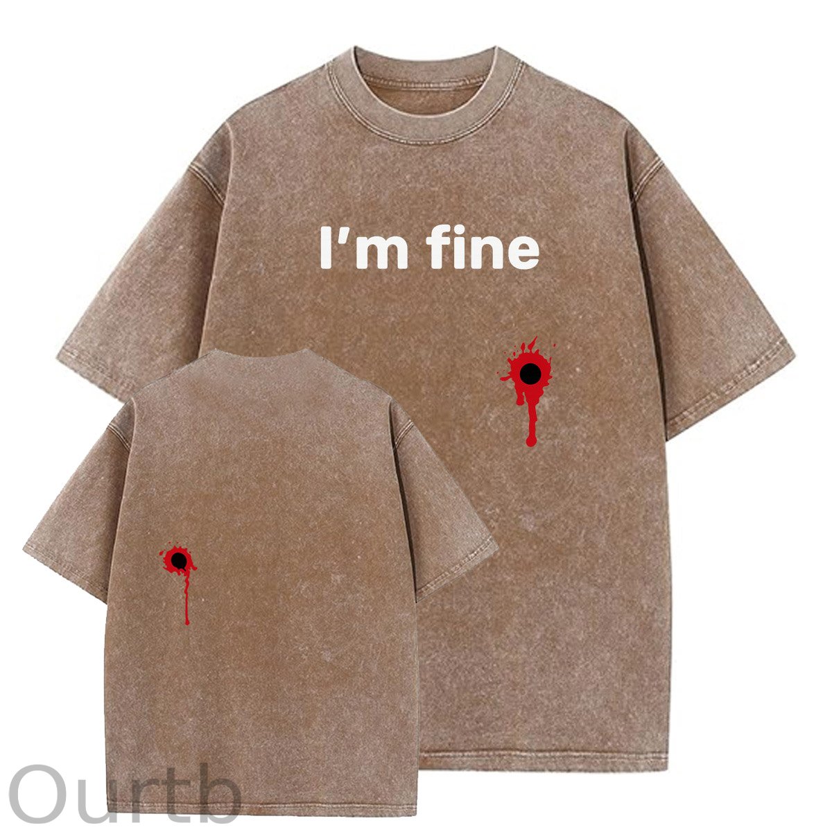 I'm Fine Pattern Washing And Aging Process Crew Neck T-Shirt
