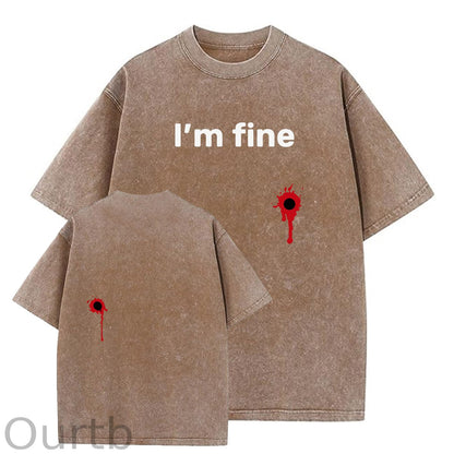 I'm Fine Pattern Washing And Aging Process Crew Neck T-Shirt