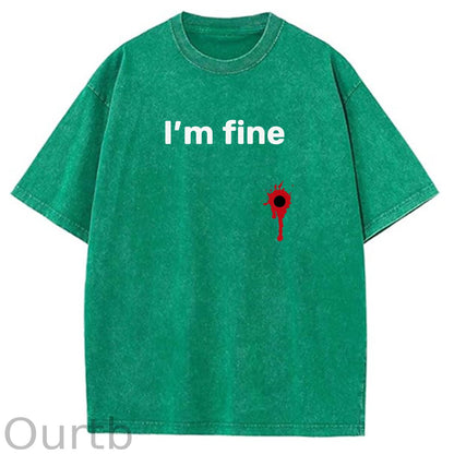 I'm Fine Pattern Washing And Aging Process Crew Neck T-Shirt