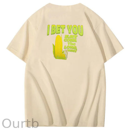 I Bet You  Eat Corn The Long Way  Pattern Print Crew Neck T-Shirt