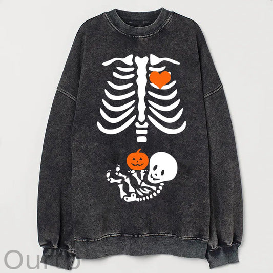 Skeleton Halloween Maternity Pregnancy Announcement Fall Mom Cotton Washed Long Sleeve Sweatshirt/Shirt
