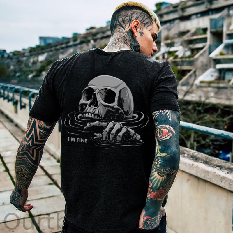 I'M FINE Drowning Skull Black Print T-Shirt