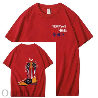 Red White And Blue  Pattern Print 100%Cotton T-Shirt
