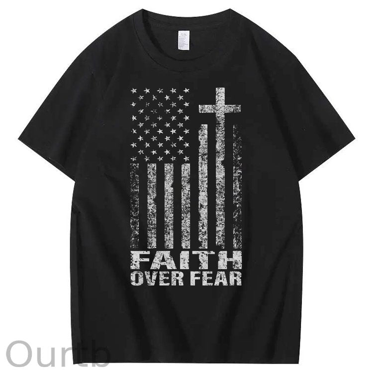 Faith Over Fear Amercian Flag Pattern Printing Print Crew Neck T-Shirt