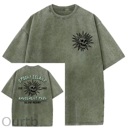 Spooky Island Cartoon Halloween Washed Cotton T-Shirt