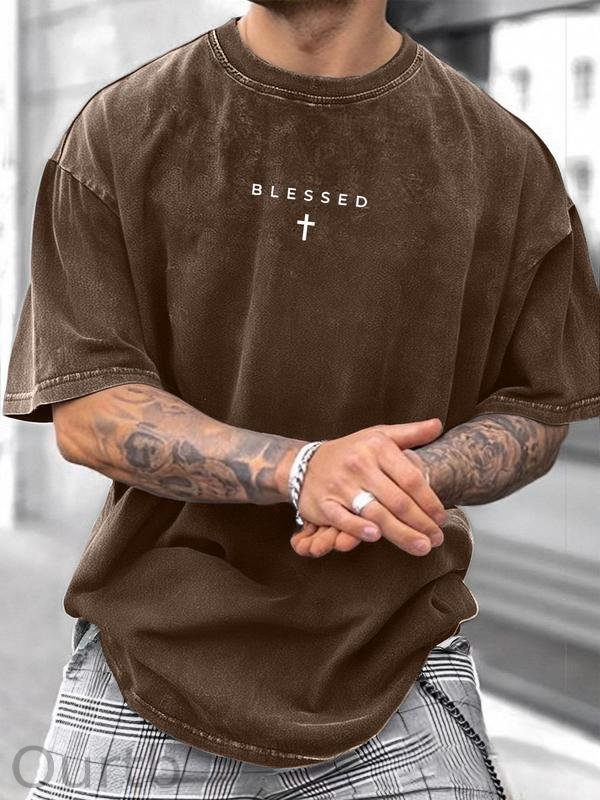 Men's Cross & Letter Print Round Neck Tee, Casual Street Short Sleeve T-shirt for Summer, Men's Top for Daily Wear