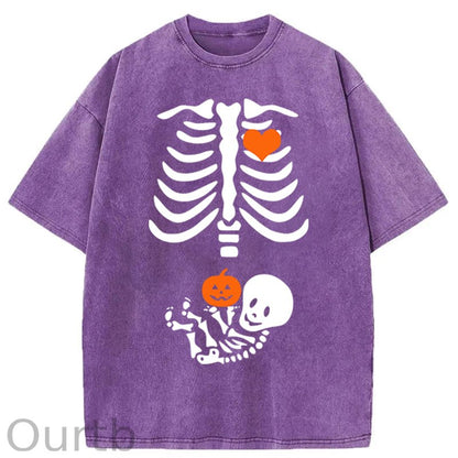 Skeleton Halloween Maternity Pregnancy Announcement Fall Mom Washed Cotton T-Shirt
