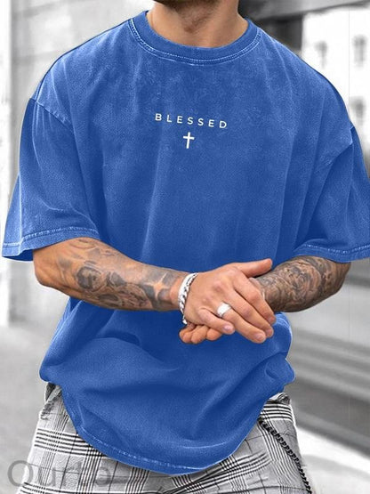 Men's Cross & Letter Print Round Neck Tee, Casual Street Short Sleeve T-shirt for Summer, Men's Top for Daily Wear