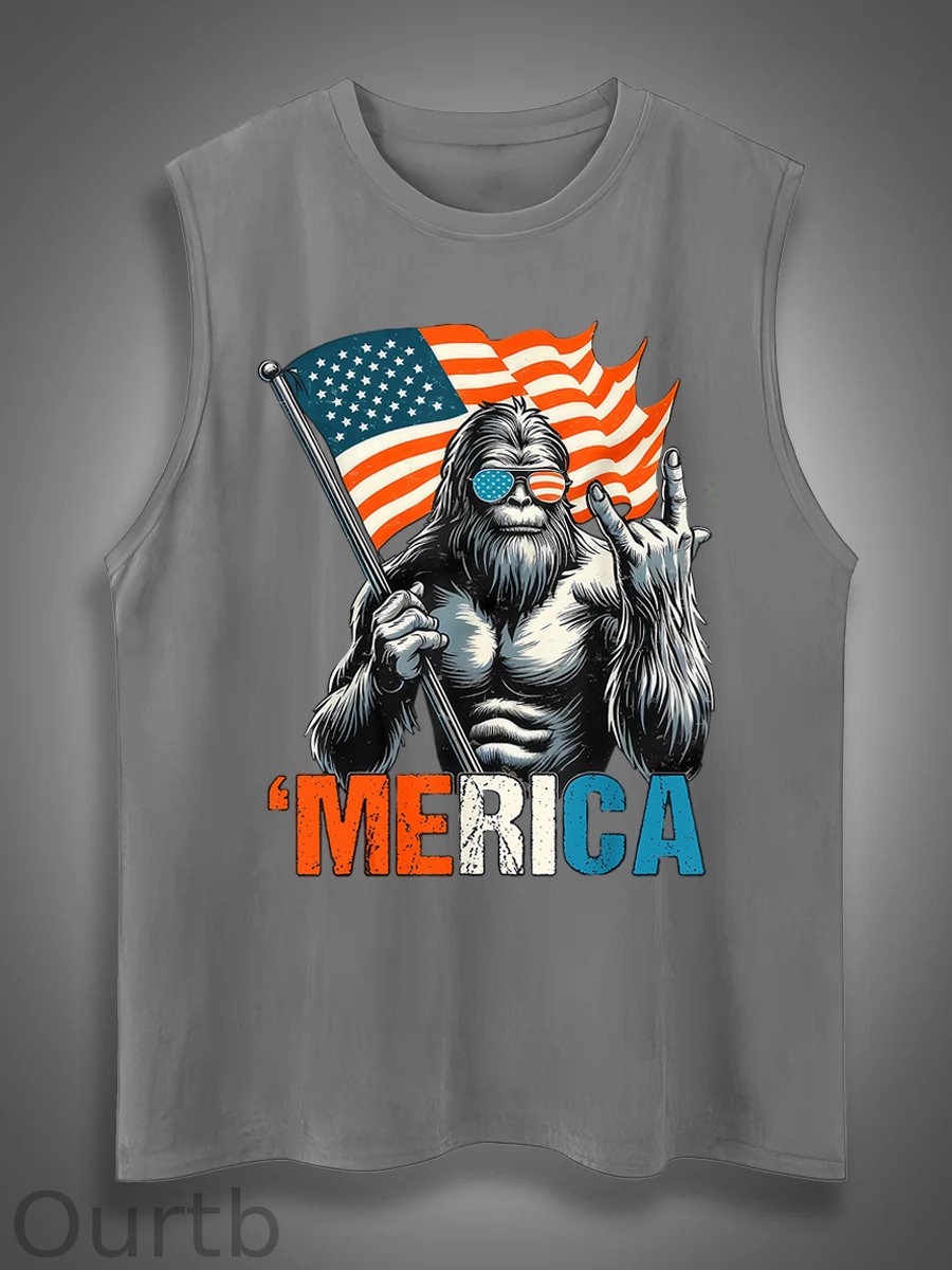 Merica Bigfoot Print Cotton Sleeveless Tank Tops