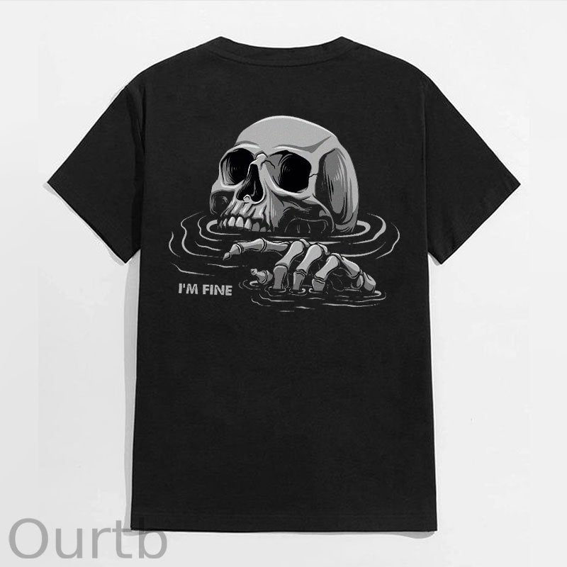 I'M FINE Drowning Skull Black Print T-Shirt