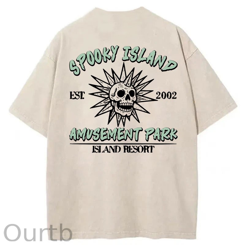 Spooky Island Cartoon Halloween Washed Cotton T-Shirt