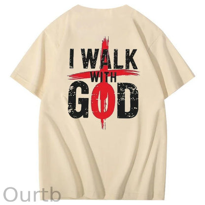 I Walk With God Pattern Printing Print Crew Neck T-Shirt