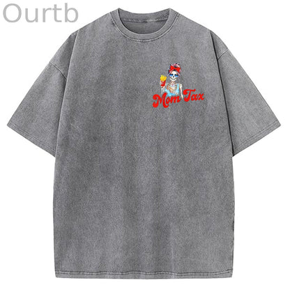 Mom Tax Washed And Distressed Pattern Crew Neck T-Shirt