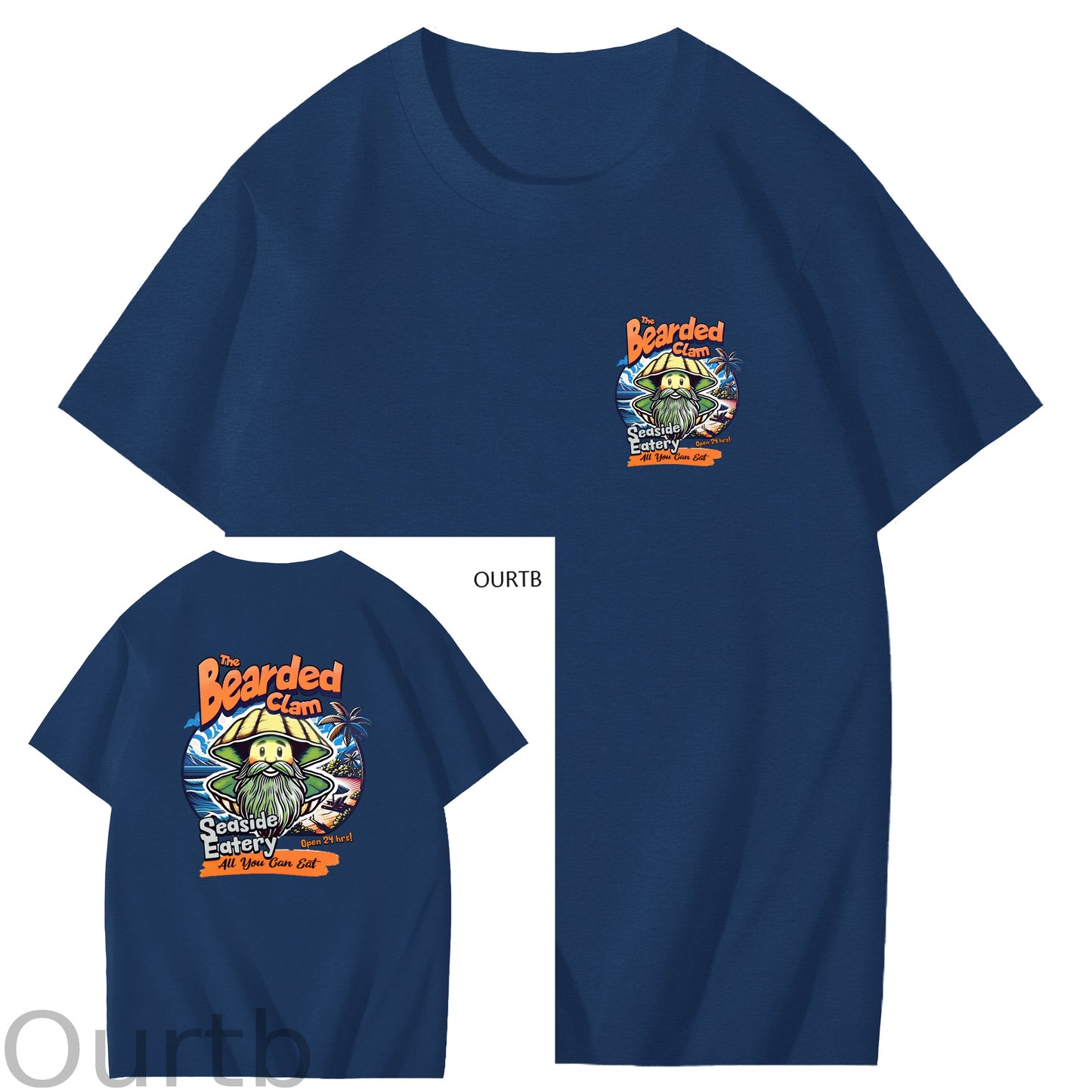 Bearded Calm Seaside Eatery Art Pattern Print T-Shirt